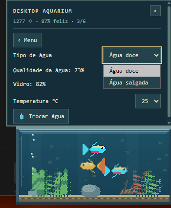 Desktop Aquarium mostrando controles de água doce e salgada